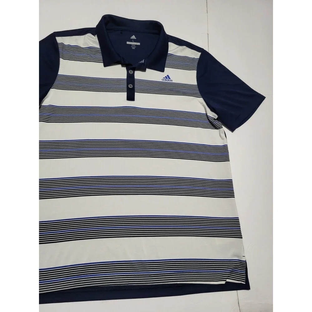 (#18) ADIDAS GOLF  Polo Size men's  Large Navy White Striped Short Sleeve